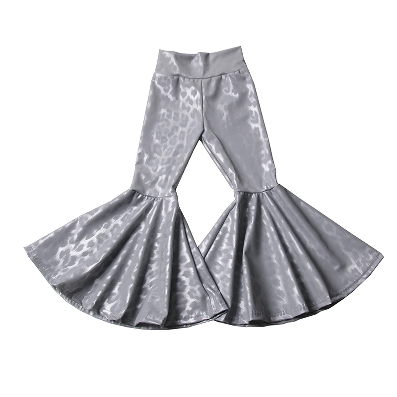 Best selling Kids clothing Cheetah leopard print Metallic leather fabric Hight waist Girls fashion Bell bottoms