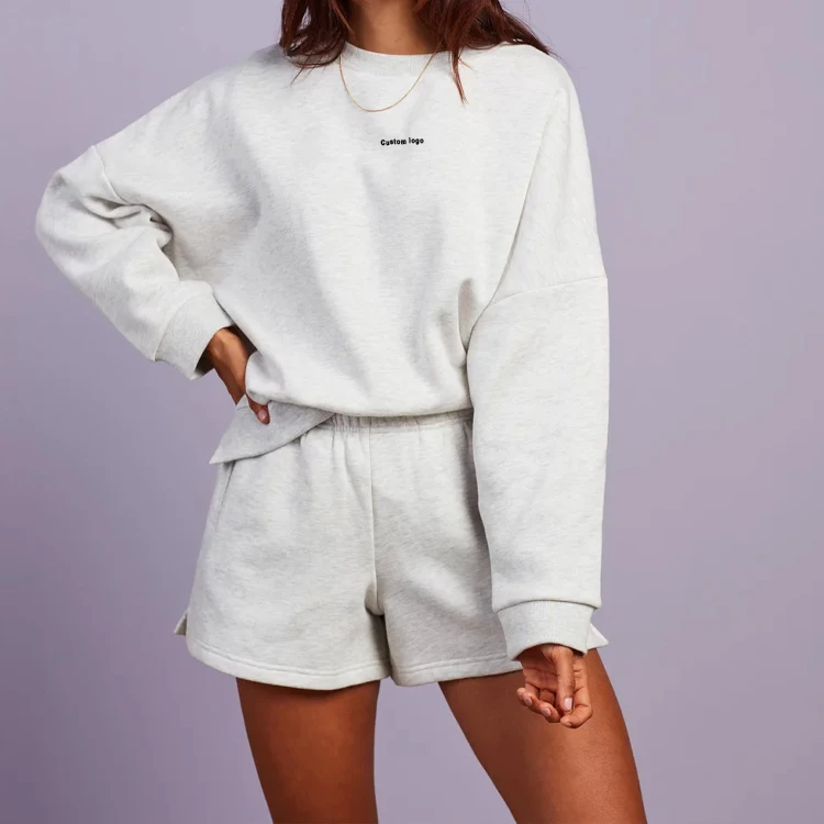 High Quality Fashion Wholesale Long Sleeve Sweatshirt Custom Logo Jumper Sweat Shorts Two Pieces Set Tracksuit 2 Piece Short Set
