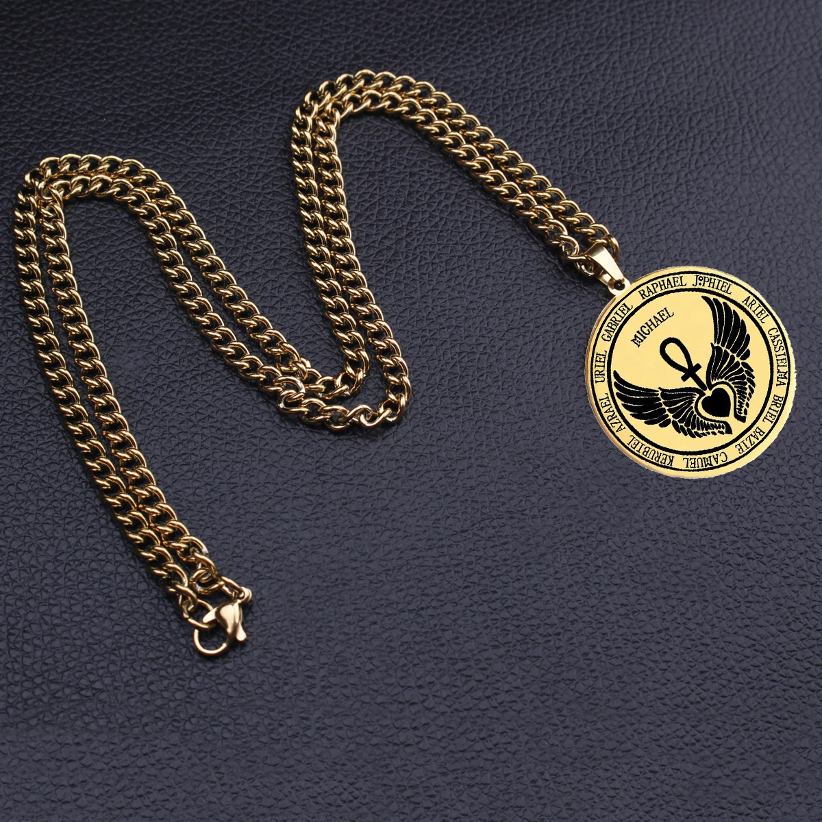 Feast Archangels 12 Guardian Angels Medallion Wings Heart Ankh Life Power Magic Amulet Jewelry Stainless Steel Pendant Necklace