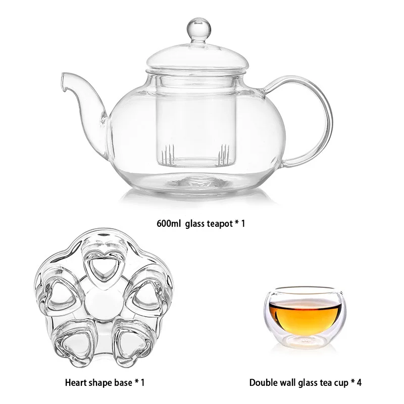 600ml High Borosilicate Glass Teapot with Heart Shape Base and 4-6 Small Double Wall Glass Tea Cups Glass Teapot with Infuser