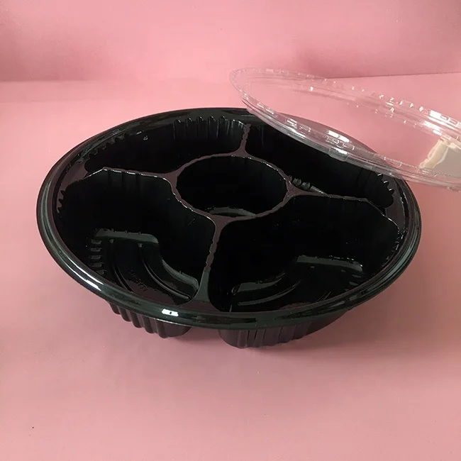 Container Box for PET Vegetables Tray with Lid Transparent Food Plastic Wholesale Disposable Round 5 Compartments OEM Blister