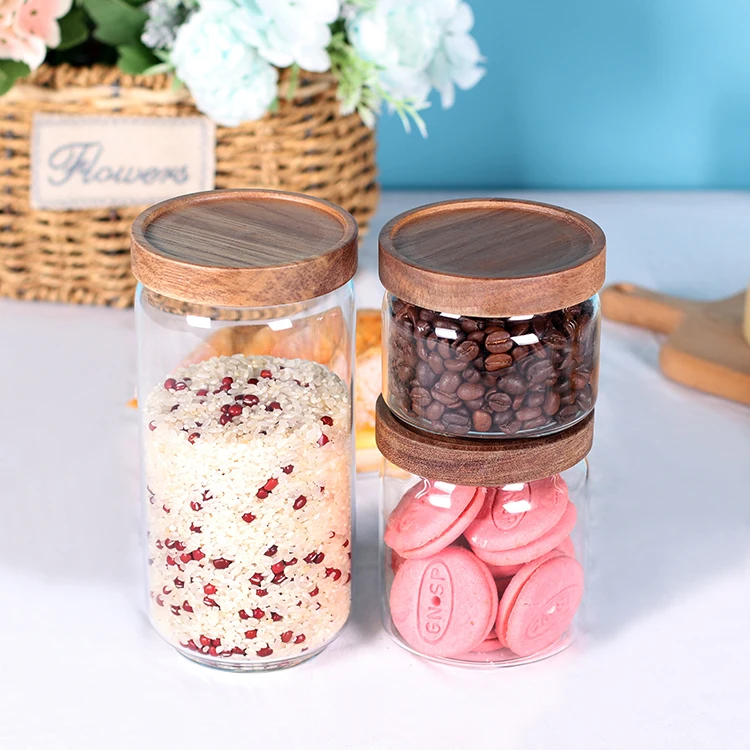 Airtight Smell Proof Glass Food Spice Storage Jars with Acacia Wood Lids Kitchen Containers