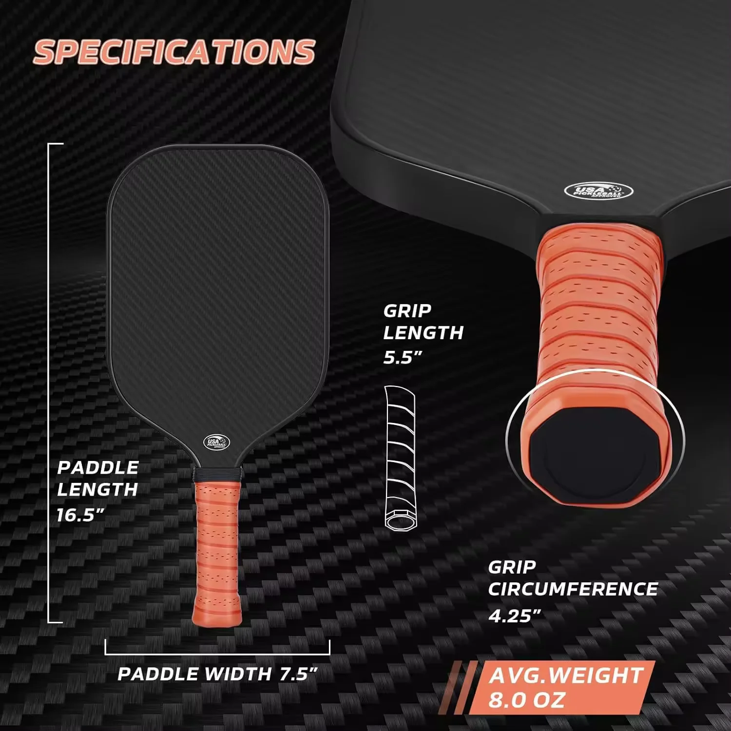 Pickleball Paddle With Textured Carbon Grip Surface Technology for Maximum Spin - Honeycomb Polymer Core