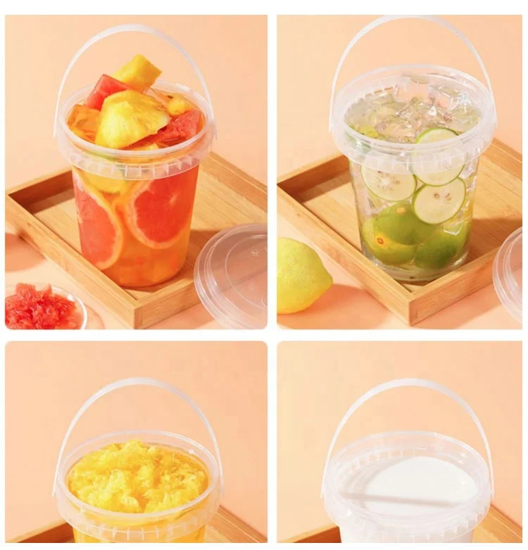 GTG Custom logo printed disposable 32 oz 1000 ml Fruit Bucket Takeaway fruit PP plastic cup buckets with handle and lid