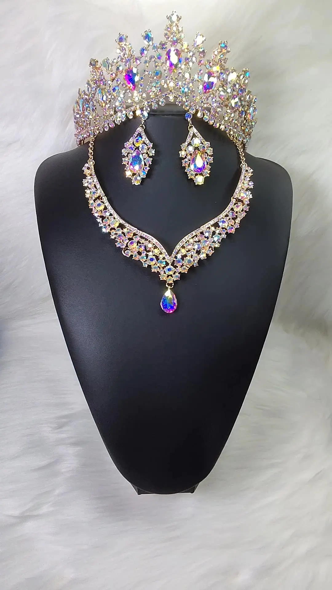 3 Set Qushine Luxury Rhinestone Bridal Jewelry Sets Crystal Crown Tiaras Necklace Earring Set For Bride Hair Accessory