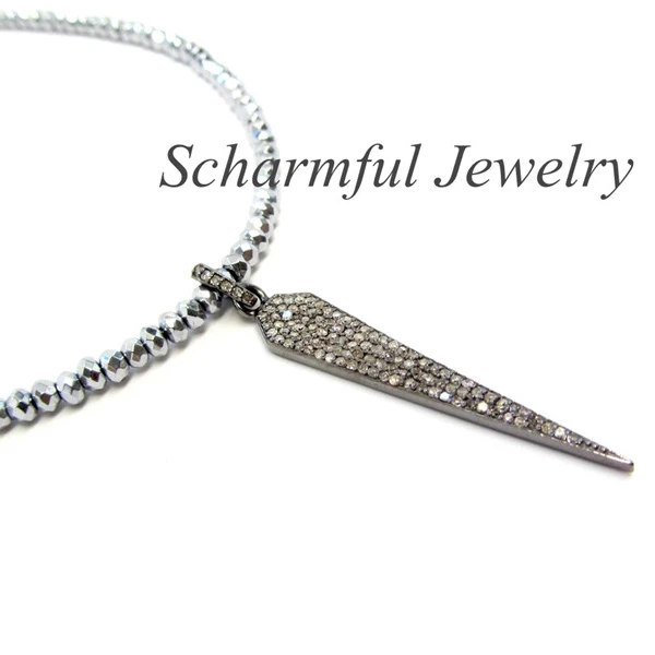 NS20025 Small Pave Micro Zircon Dagger Pendant Silver And Black Hematite Stone Bead Necklace