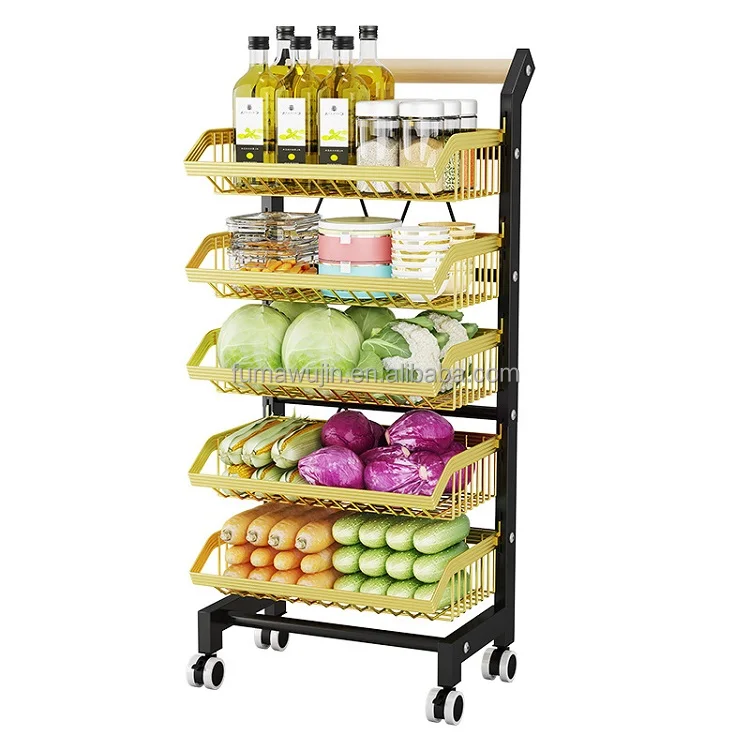 Kitchen vegetable storage rack for household floor multi-layer moving storage rack cart shelves Trolley with wheels