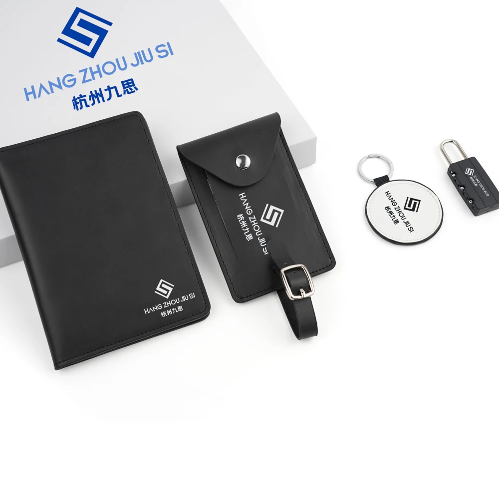 Luxury Custom Logo Real Leather Travel Passport Holder Luggage Tag Keychain Padlock Corporate Gift Set For Business