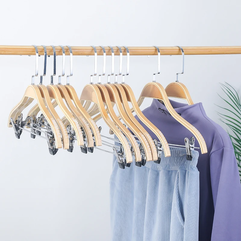 Laminated fancy anti-slip wooden clothes hanger with metal clips hook