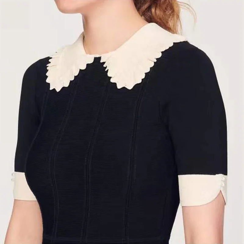 Трикотаж производители пользовательские 2023 лето черного цвета с воротником в кукольном стиле с коротким рукавом свитер трикотажное женское платье миди