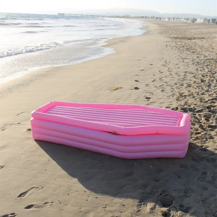 Cross Border New Inflatable Pink Coffin Floating Row Pompom Coffin Floating Bed for Water Party Lid Floating Row Ride-Ons