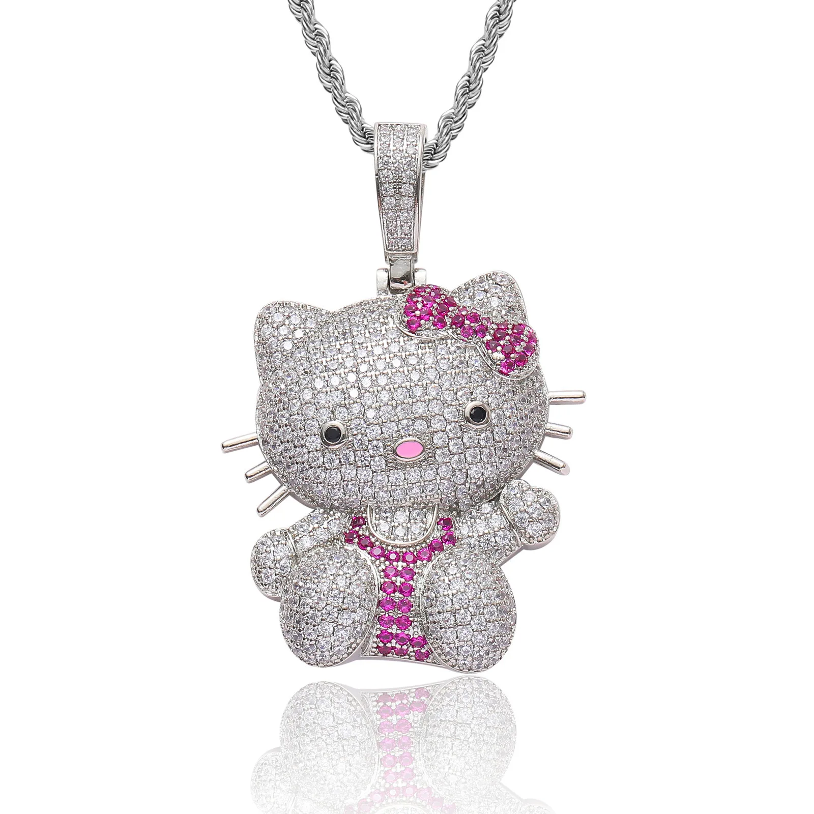 European American Micro Zircon Pendant Necklace New Hip Hop Trend with Cute Cartoon Cat for Men Women Silver Jewelry Accessory