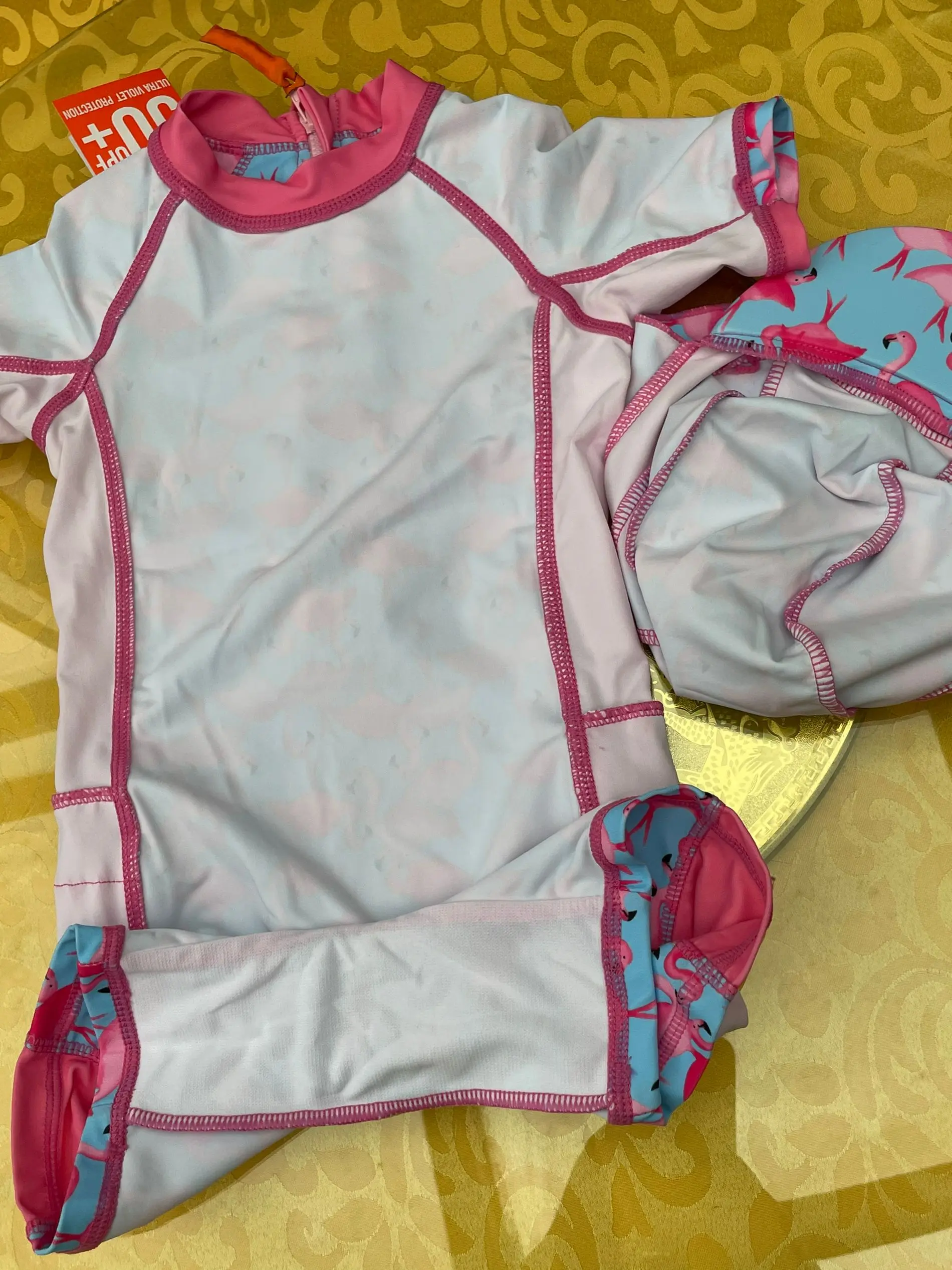 Toddler Swim Clothes short Sleeve  Girls Swimsuit twoPieces Zipper Ruffle Edge Swimwear Beachwear Custom