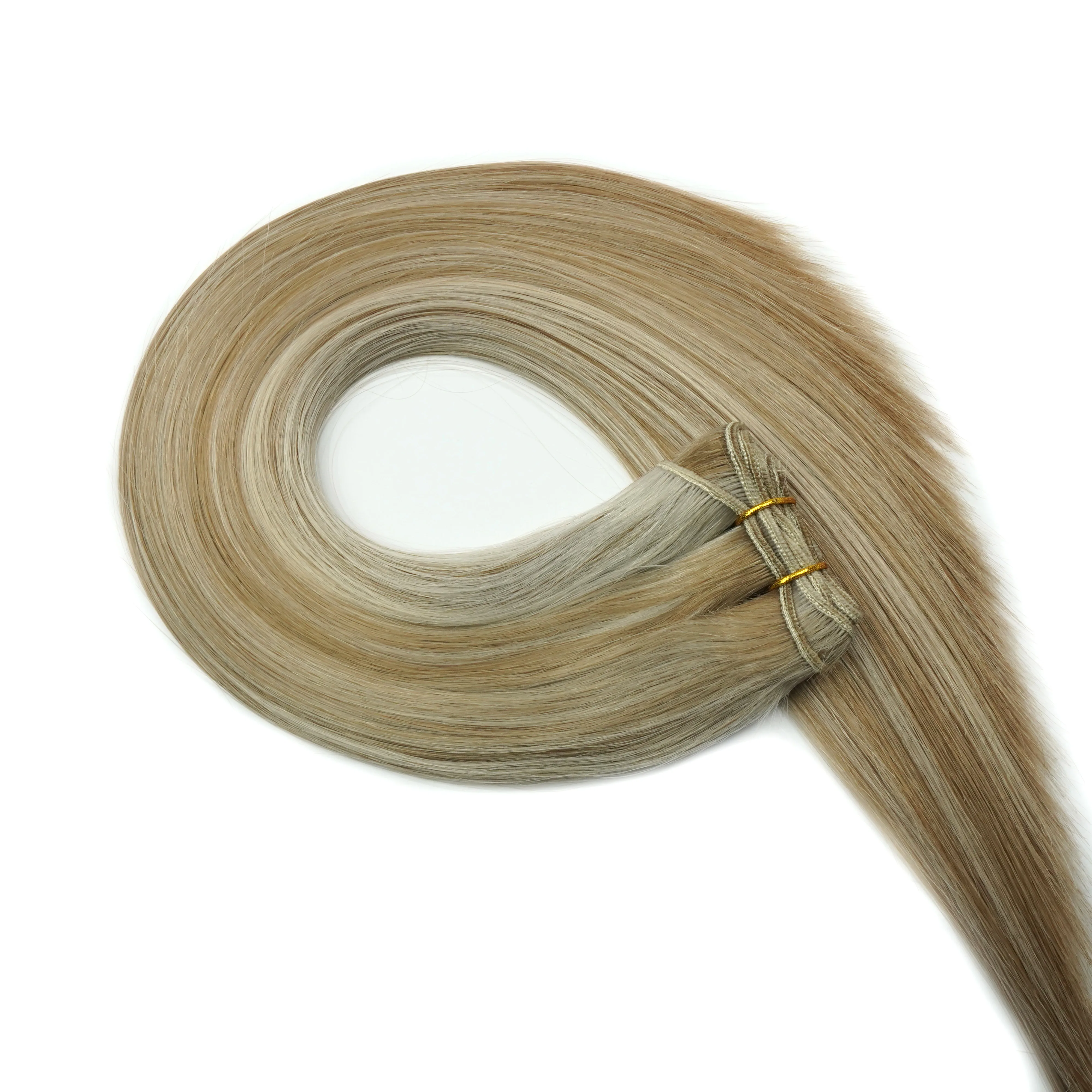 Ethically sourced 100% European human hair extensions cuticle double drawn boutique salon free sample smooth machine tied weft