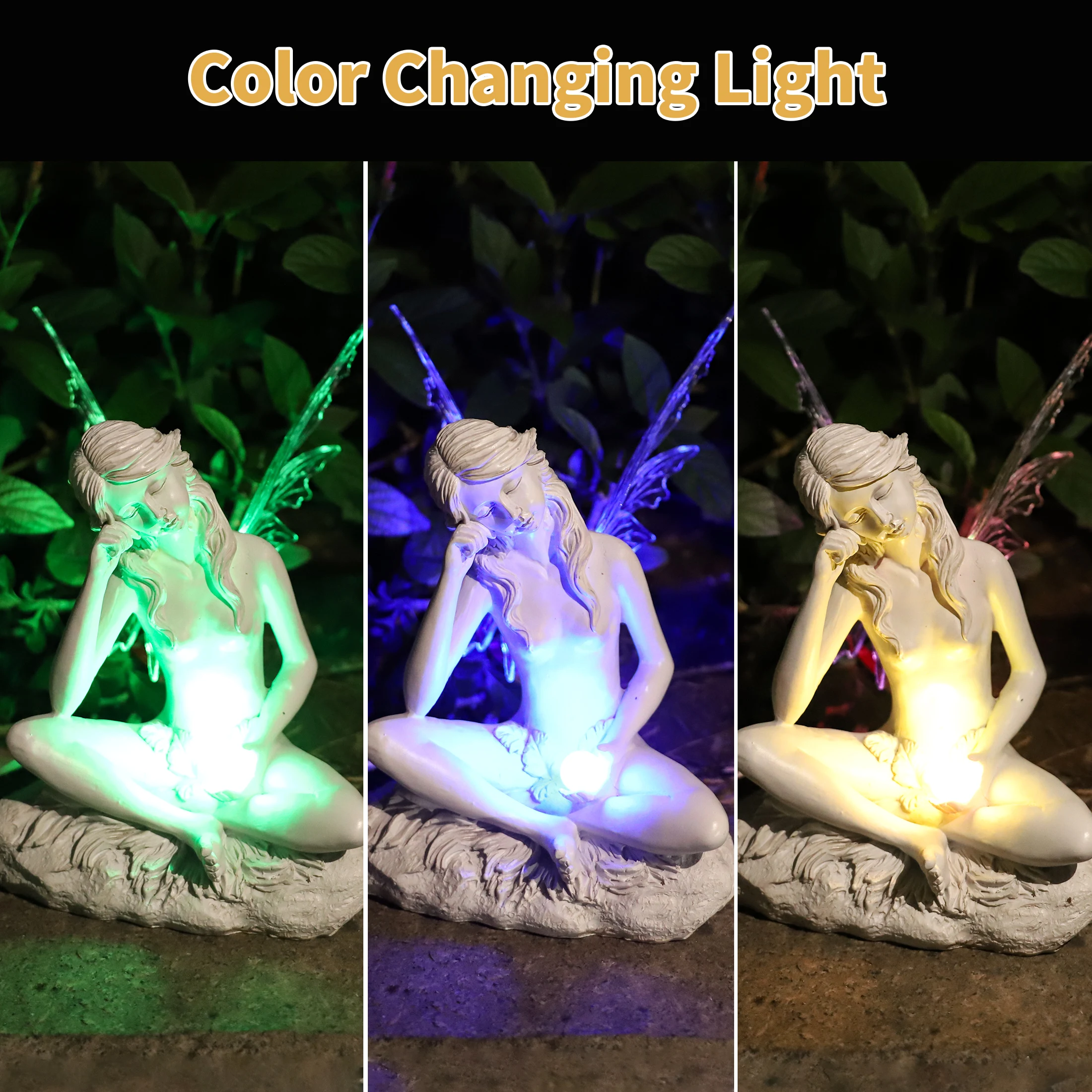 In stock Enchanting Solar Powered Fairy Garden Statue With Color Changing Light Resin Angel Figurine For Outdoor Garden Decor
