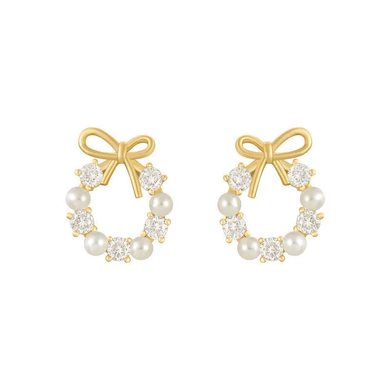 Luxury Statement Women Cute Rhinestone Bow knot Circle Hoop Imitate Pearl Stud Earrings