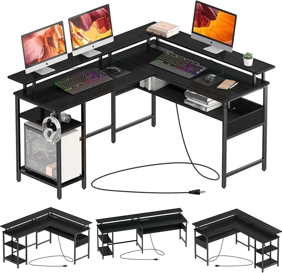 Computer Desk L Shaped with LED Strip & Power Outlets, Reversible L Shaped Computer pc desk