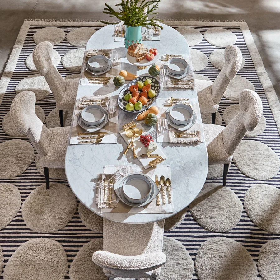Jonathan adler BRUSSELS T-BASE  oak base dining table with capsule oval shaped white marble top for 6 to 8 seats dining table
