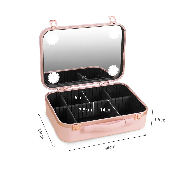 Hot Sale New Fashion Aluminum Cosmetic Box with LED Lights Mirror Travel Vanity Boxes Beauty Letter Pattern Hasp Closure Type