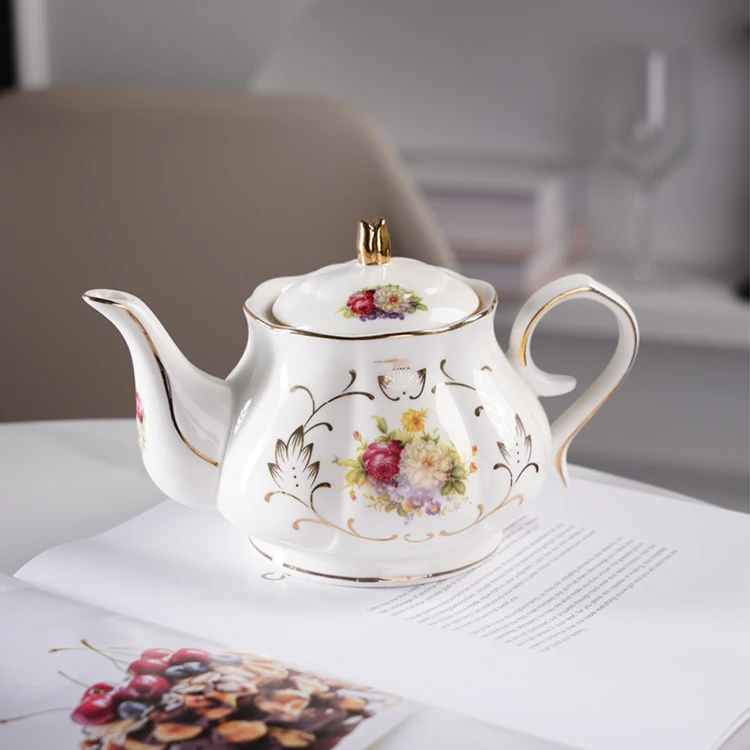Fancy design custom golden rim decorative flower print bone china white tea pot vintage ceramic tea pots for gift