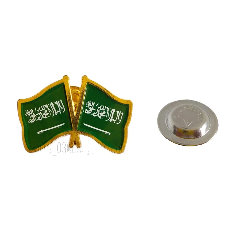 
Double Saudi Arabia Flag Plating white logo Soft Enamel Metal Gold Badges With round magnet for 23rd September 2020 National D 