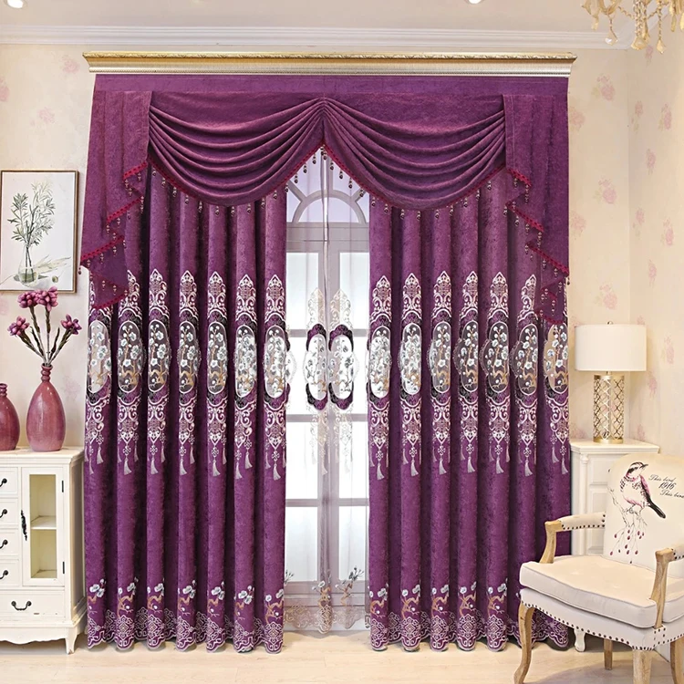 wholesale high quality embroidery Fabric blackout Luxury Living Room Curtain with valance