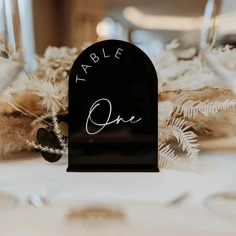 wedding party decor custom luxury frosted 3D silver place card holder stand BLACK rectangle arch acrylic table number