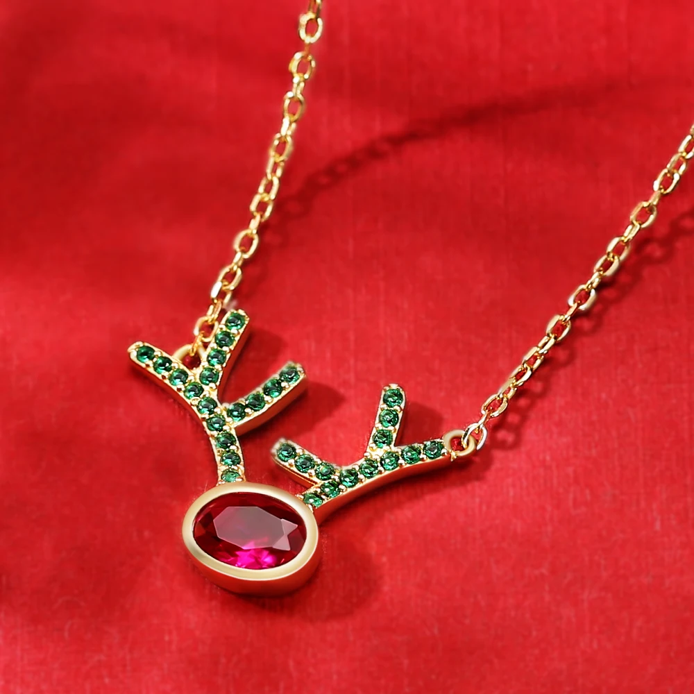 Christmas Jewelry Gift Elk Deer Antlers 14K Real Gold Plated 925 Sterling Silver  Gemstone Pendant Necklaces for women