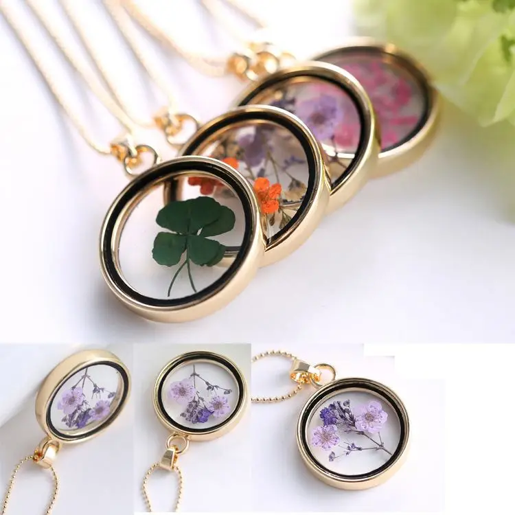 Hot sale Gold Chains Fashion Botanical Resin Jewelry Gold Plated Crystal Dried Flowers Rosary Pendant Necklaces For Girls