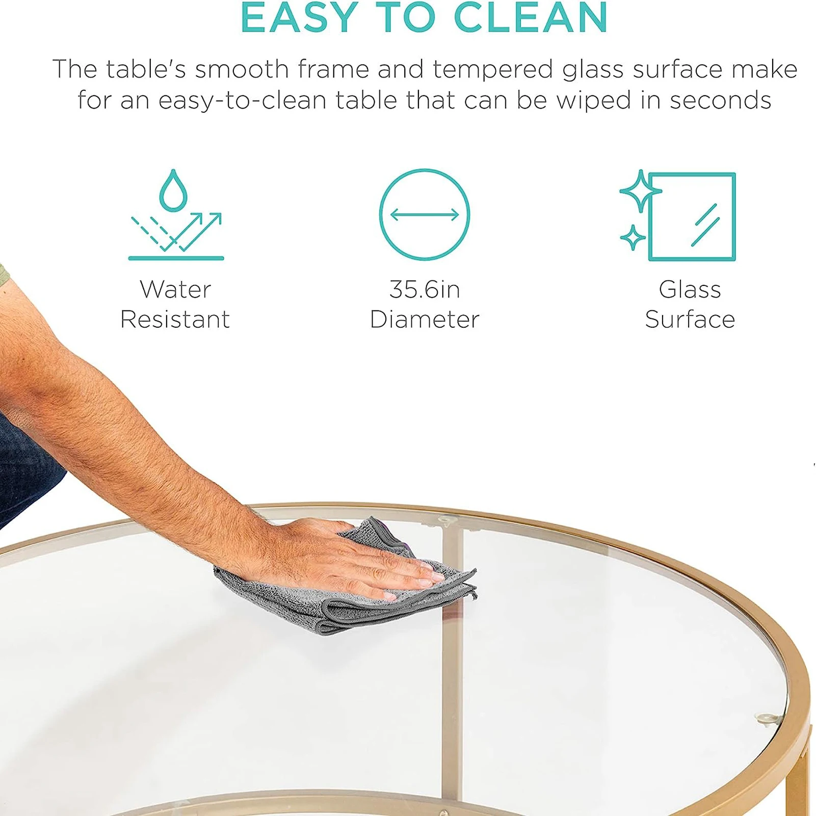 36in Modern Round Tempered Glass Accent Side Coffee Table for Living Room  Dining Room Tea Home Decor w/Satin Trim Metal Frame