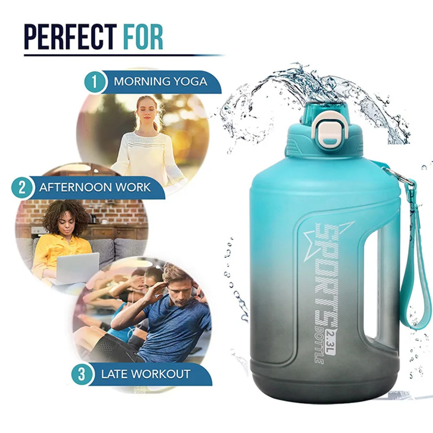 2.3 liter Gym Water Jug Bottle gallon Botol Minum Anak Motivational Frost Plastic Water Bottle With Straw