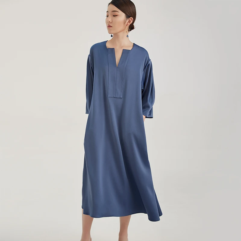 Fashion high end women royal blue belt 3/4 sleeve long satin dress with pockets