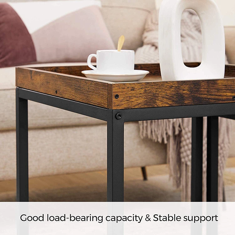 Vekin Living Room Furniture Set of 2 Side Tables Industrial Rustic Brown Nesting Tables Coffee Table Set with Raised Edges