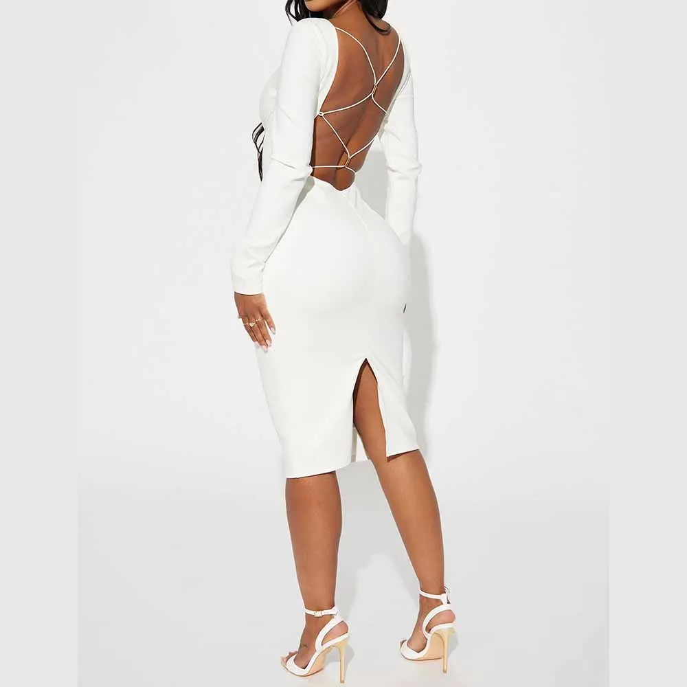 White long sleeve women sexy dress backless split up midi dress body con casual women wearing for daily occasion
