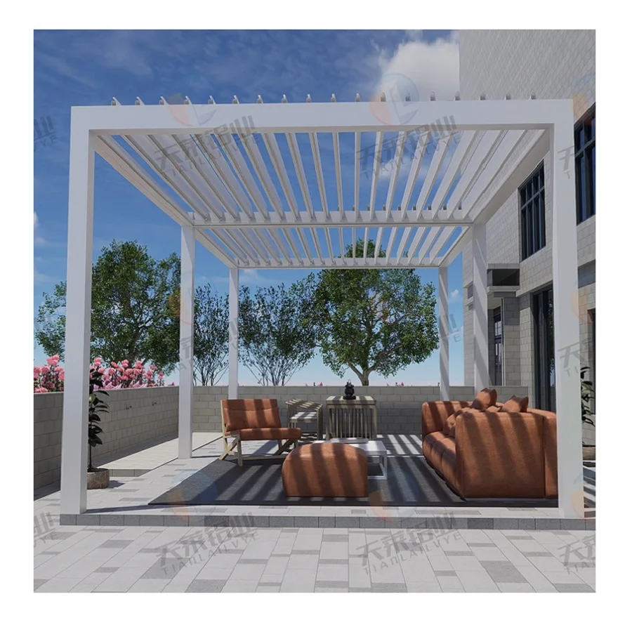 Automatic Electric Louvered Pergola Canopy Modern Design External Pergola Aluminium Outdoor With Motorized Roller Blinds