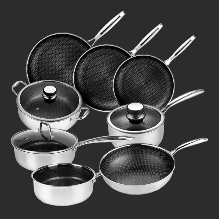 Source Factory Reusable Stainless Steel Nonstick Cookware Sets PFOA Free Coated Pot And Pan Kitchen Tri-ply Honeycomb Frying pan