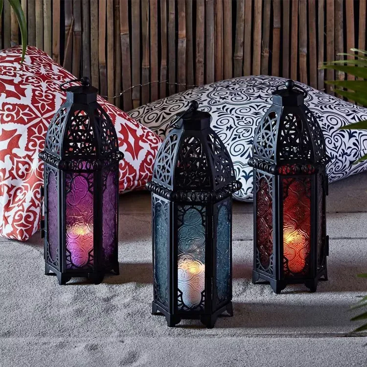 High quality Colorful Glass Moroccan candle lanterns decorative Antique Candle decorations Metal Lanterns