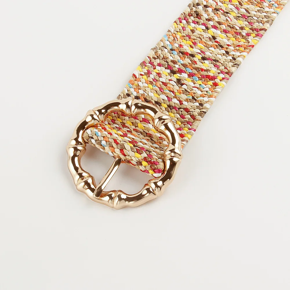 REWIN 2022 New Fashion Muticolr Colorful Wide Elastic Straw Waist Belts With Gold Bamboo Rings Buckle