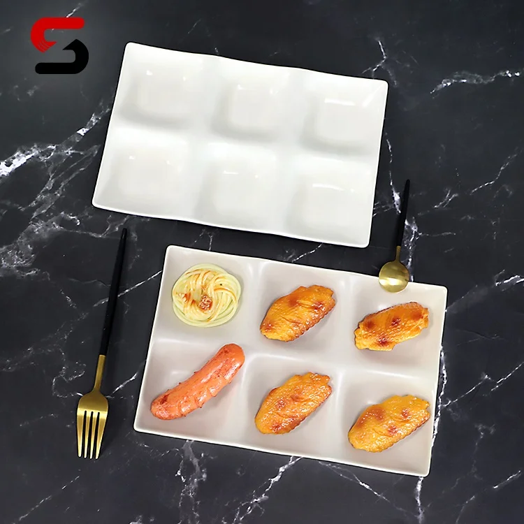 Matt 6 Compartment Divided Food Plate Rectangle Ceramic Plates Dinner Serving Tray For Hotel Restaurant
