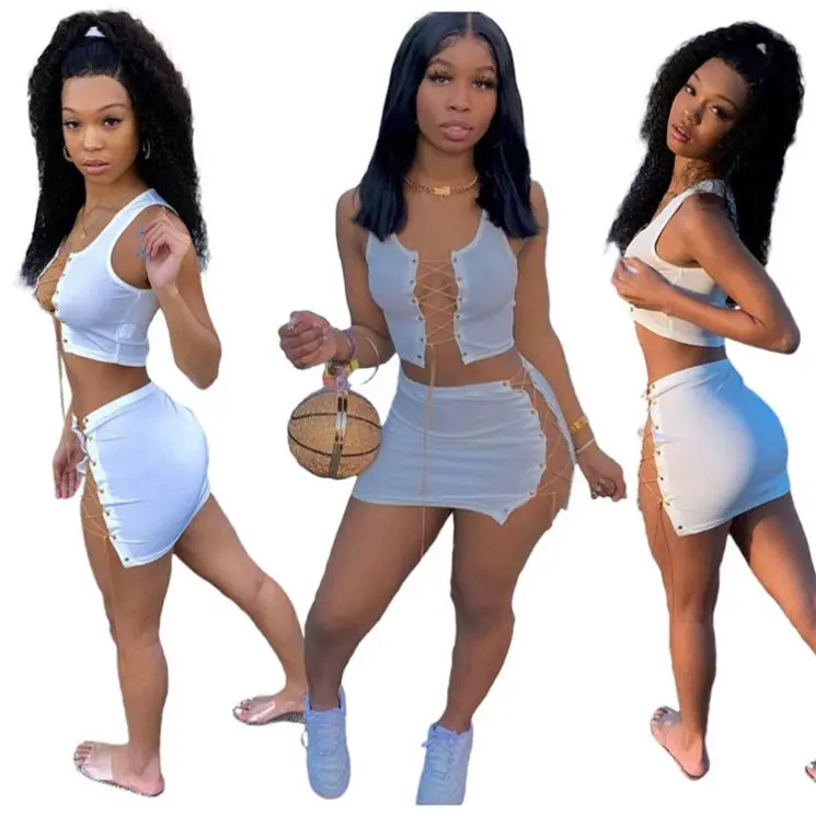
Summer 2021 New Women Fashion Sexy Bandage Chain Crop Top And Mini Skirts Two Piece Set Outfits 