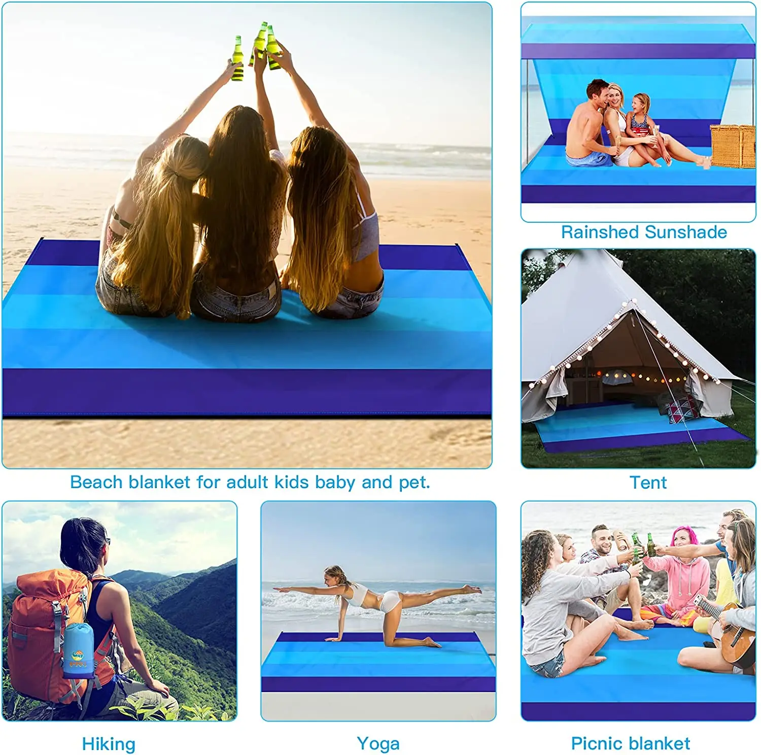 Big & Compact Sand Free Mat Quick Drying Lightweight & Durable  Beach Blanket Sand Proof With 6 Stakes & 4 Corner Pockets