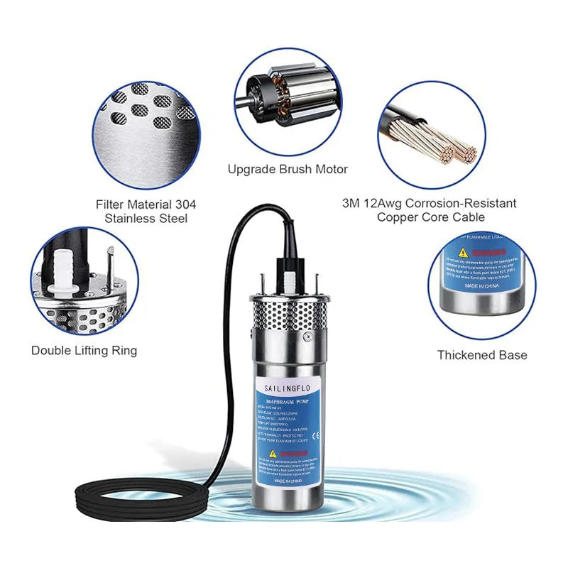 SAILINGFLO  HY1260-30 12V 12LPM  Electric Submersible Solar Water Pump For Deep Well Irrigation