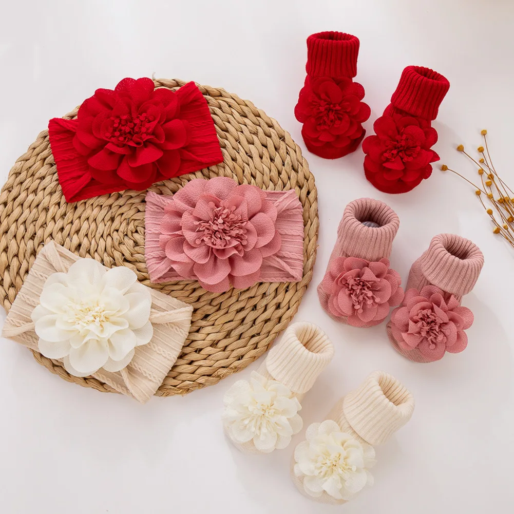 YiYuan Hot Sale Soft Baby Socks 100% Cotton Newborn Anti-slip Socks Fancy Flower Hair Band with Socks Set for Toddlers 0-4 Years