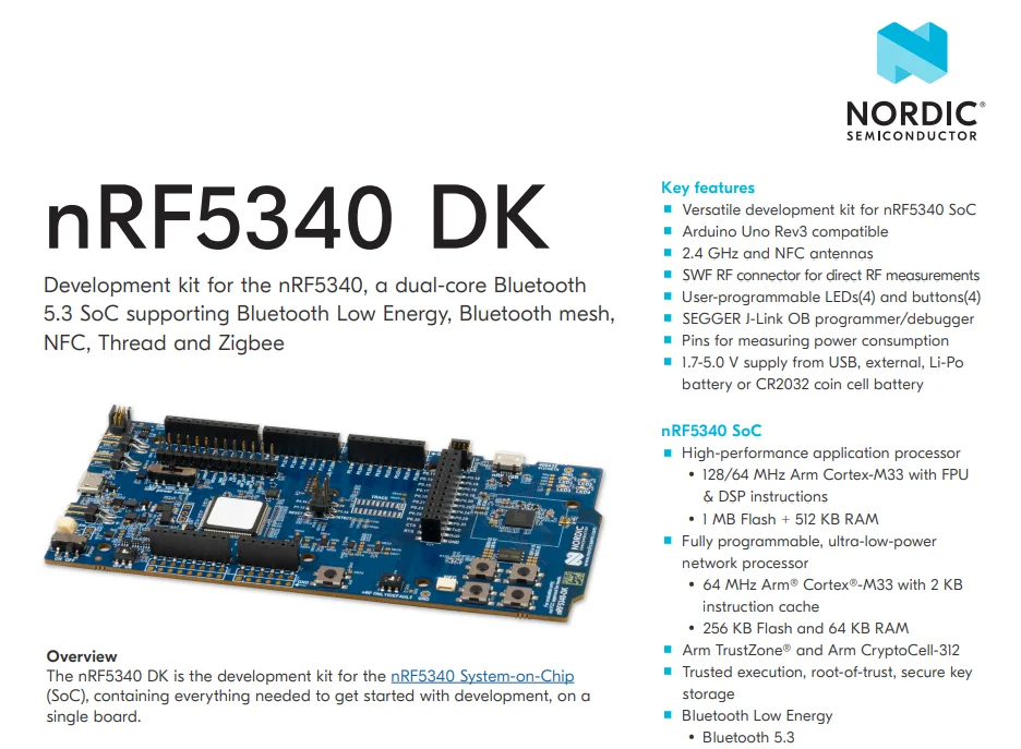 nRF5340-DK Development kit for the nRF5340 dual-core Bluetooth 5.3 SoC supporting Bluetooth Low Energy Bluetooth mesh NFC