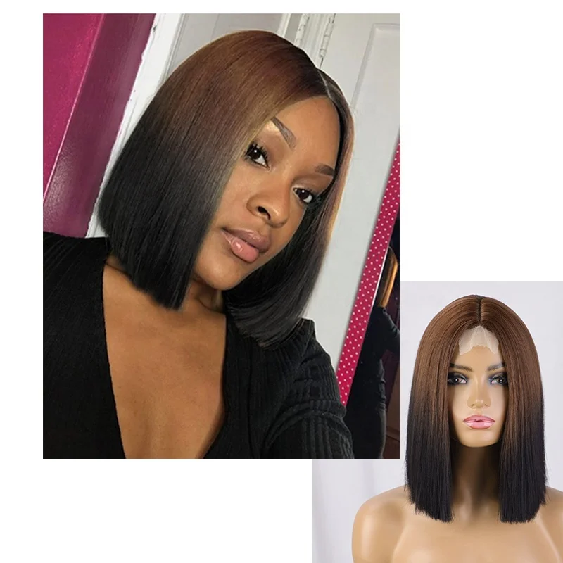 Ombre Brown Short Straight Bob Wigs for Black Women Natural Looking Heat Resistant Fiber Synthetic Hair Wig for Daily Use