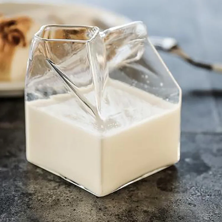 Reusable Clear 12 Oz Glass Milk Carton Durable Square Carton Shaped Mini Cute Glass Milk Jug Bottle Milk Cups for Coffee Juice