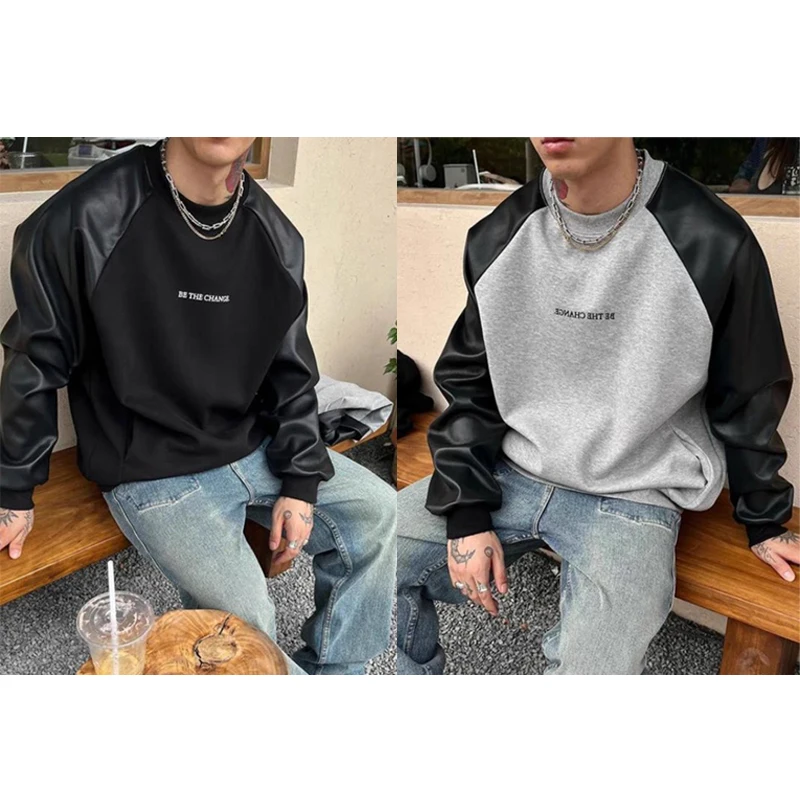 Wholesale Oversized Crewneck blank Sweatshirt With Leather Patches Custom Logo Drop Shoulder Plain Pullover Sweatshirt