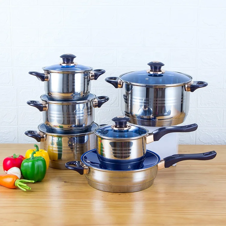 Induction 12 pcs stainless steel pan set microwave cookware kitchenware heavy bottom cooking pot
