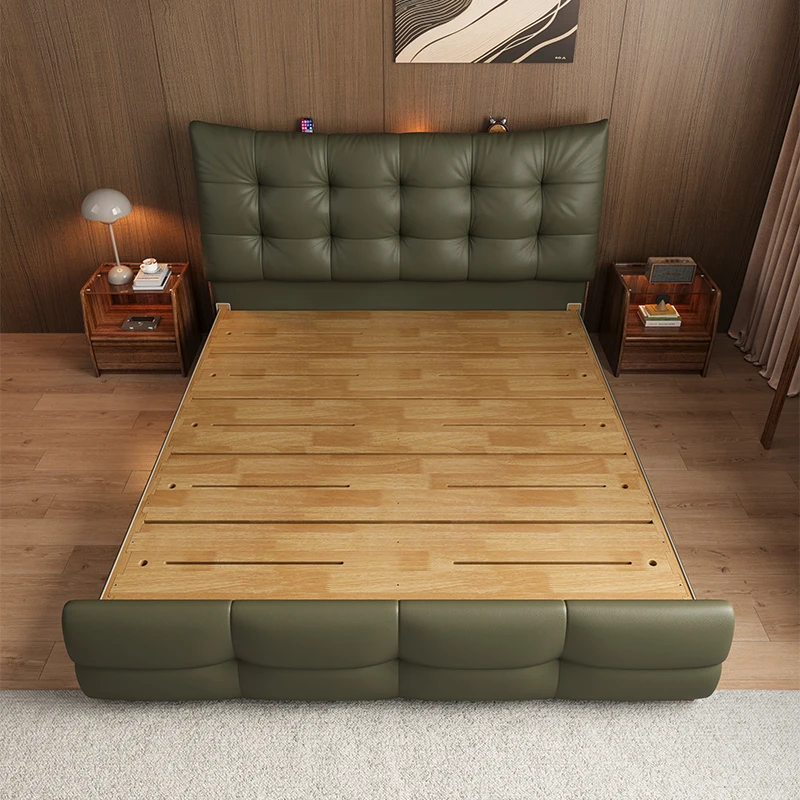 Modern Striped Ebony Double Bed With Solid Leather Headboard Soft Cowhide Tenon Structure Bunk Bed Style