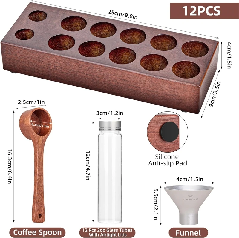 Coffee Bean Storage Wooden Display Stand with Funnel Coffee Spoon for Coffee Bean Glass Tube Display Rack Set